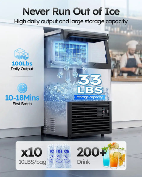 Heavy Duty Commercial Ice Maker Cranks Out 100 Lbs Crystal Clear Ice Daily, showcasing 33 lbs storage capacity and daily output.