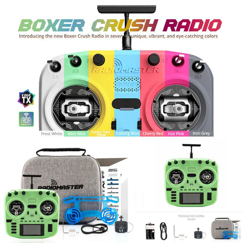 Boxer Crush EdgeTX 2.4G 16CH Transmitter With ExpressLRS RF System AG01 Hall Gimbals Cherry Red and accessories shown