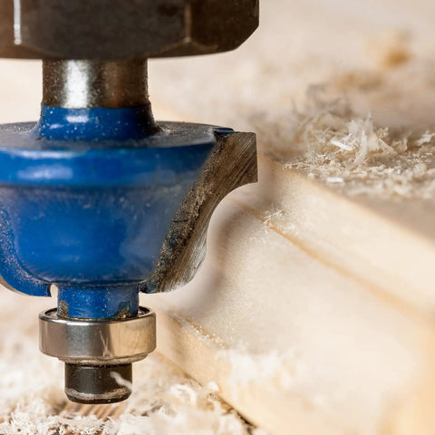 Close-up of a 24 Piece 1/4 Inch Shank Router Bit Set With Tungsten Carbide Blades For Woodworking, cutting wood.