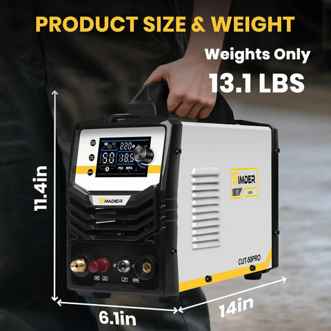 Front view of the Beast 50 Amp Plasma Cutter With Pilot Arc And Dual Voltage 110V And 220V Workhorse, showing dimensions and weight.