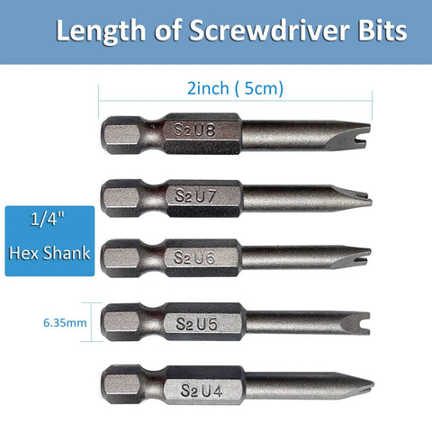 Heavy Duty U Shaped Spanner Screwdriver Bit Set, 5 Piece S2 Steel Magnetic Power Drill Kit showing 1/4 inch hex shank driver bits.