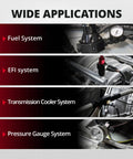 Wide applications of 6AN Male Flare To Minus Six Female Swivel Fuel Pressure Takeoff Fitting Adapter Aluminum With One Eighth Inch NPT Gauge Port shown in various systems.