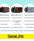 Comparison chart of SportDiver Ultra Underwater Smartphone Housing for Scuba Diving, Dive to 130 Feet, alongside other models.