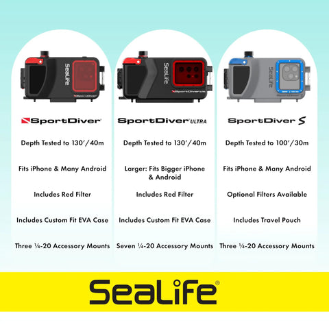Comparison chart of SportDiver Ultra Underwater Smartphone Housing for Scuba Diving, Dive to 130 Feet, alongside other models.