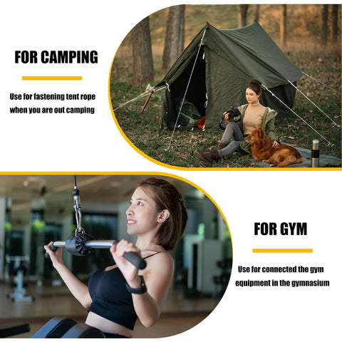 Snap hooks, 3-inch galvanized steel, for camping and gym use; collage of outdoor tent scene and gym workout