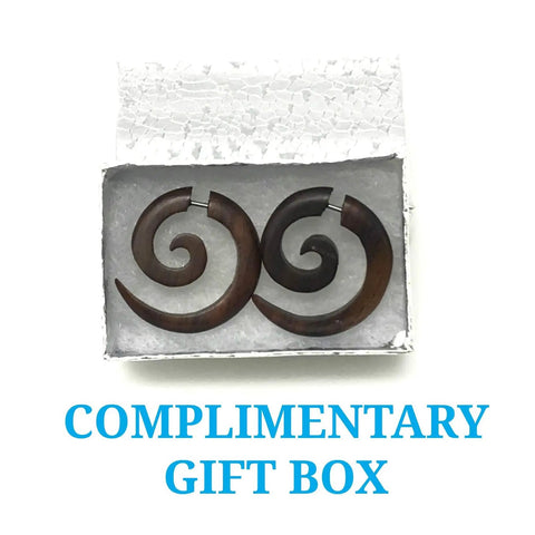 Boho Organic Wooden Earrings For Pierced Ears in gift box, Natural Brown Wood Faux Plugs And Tapers with 316L Posts