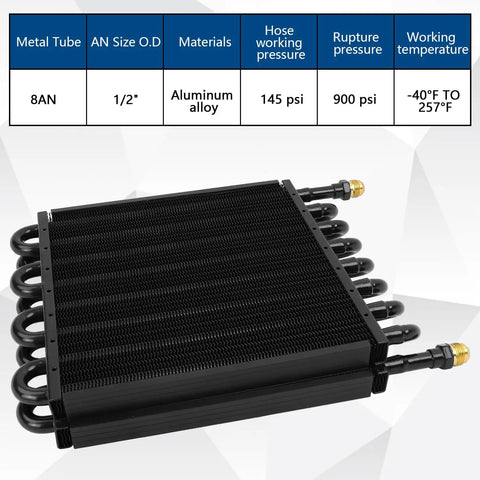 16 Pass Universal Transmission Oil Cooler Kit with Half Inch Tube and Fin, Aluminum Alloy Black Finish, 8AN Fittings