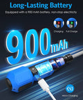 2 In 1 Cordless Electric Screwdriver With LED Light And USB Charging showing 900mAh battery detail, charging indicators, blue body