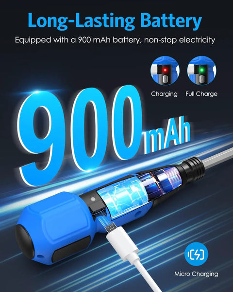 2 In 1 Cordless Electric Screwdriver With LED Light And USB Charging showing 900mAh battery detail, charging indicators, blue body