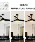 52 Inch Dimmable LED Ceiling Fan With Remote Control showing 6500K, 4500K, and 3000K light settings with black finish and three blades
