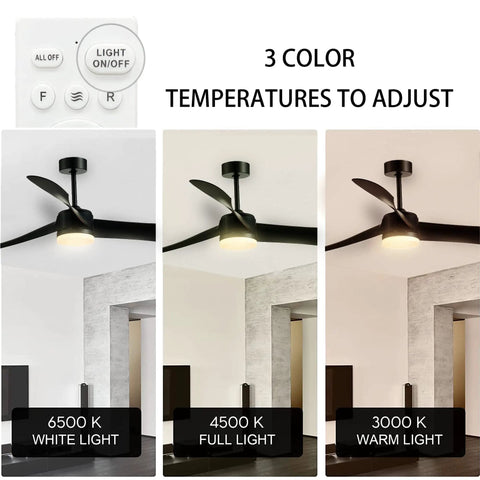 52 Inch Dimmable LED Ceiling Fan With Remote Control showing 6500K, 4500K, and 3000K light settings with black finish and three blades