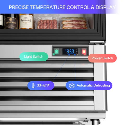 Sleek Stainless Steel Commercial Beverage Cooler With Tempered Glass Front And Bright Led Strip Badass Upright Drink Fridge Plug And Play 78 Cubic Feet control panel showing temperature settings.