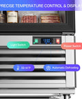 Kickin Cold Three Door Commercial Beverage Refrigerator With Tough Stainless Steel Frame, displaying precise temperature controls and switches.