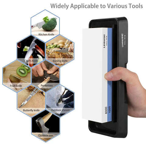 Pro-Grade Knife Sharpening Stone Set With Dual Sided 1000/6000 Grit Waterstone and Angle Guide, shown in hand next to various tools.