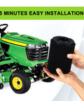 Air Filter MIU14395 held next to John Deere lawn tractor D100 D105 D125 D130 D140 D110 E100 E120 E130 E140