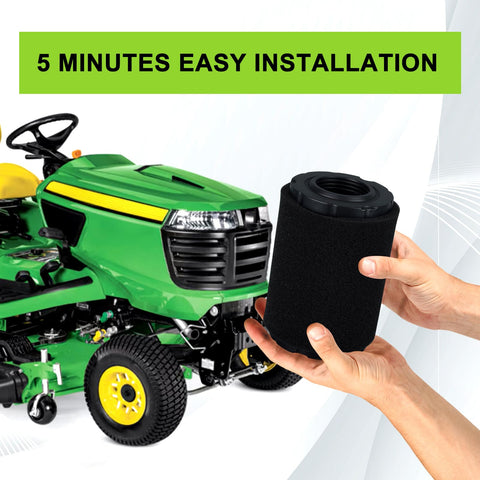 Air Filter MIU14395 held next to John Deere lawn tractor D100 D105 D125 D130 D140 D110 E100 E120 E130 E140