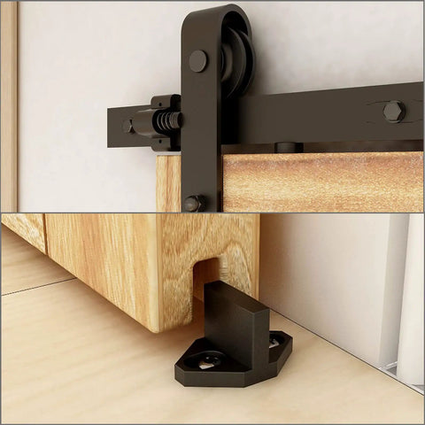 Close-up view of 6 Foot Sliding Barn Door Hardware Kit With Floor Guide And Spring Damping Stopper, Black Finish