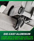 Close-up of a Heavy Duty 5 Inch Wall Chaser cutting concrete with die-cast aluminum cover and rubber rollers for guidance.