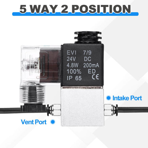 Dope Pneumatic Solenoid Valve For CNC Machines And Industrial Gear, 5 way, 24V DC, showing intake and vent ports, IP65 rated.