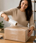 Top Shelf 4 Pack Stretch Wrap Rolls 5 Inches Wide 1000 Feet Long 80 Gauge Clear Cling Plastic Film With Extended Core Handle used for packing a box.