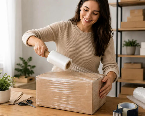 Top Shelf 4 Pack Stretch Wrap Rolls 5 Inches Wide 1000 Feet Long 80 Gauge Clear Cling Plastic Film With Extended Core Handle used for packing a box.