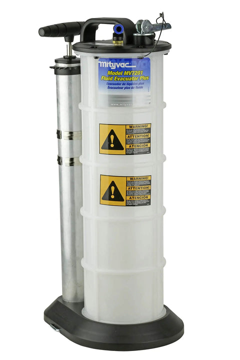 2.3 Gallon Fluid Evacuator And Dispensing Pump With Push Button Operation For Auto Maintenance And Shop Pros, Chemical Resistant Polyethylene, Automatic Overflow Prevention, Quick Drain Spout, Large Stable Base