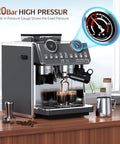 Badass Espresso Machine With Integrated Grinder And Twenty Bar Pressure For Smooth Morning Sips Featuring Thirty Precision Grind Levels Five Eight Millimeter Portafilter And Pro Steam Wand For Creamy Lattes In Sleek Iron Grey showing brewed espresso with pressure gauge.