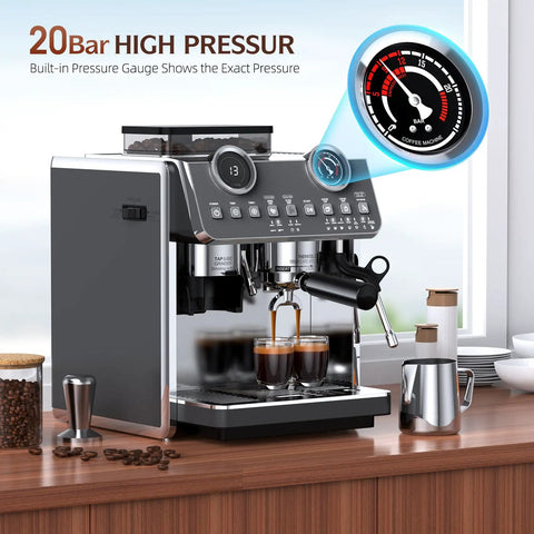 Badass Espresso Machine With Integrated Grinder And Twenty Bar Pressure For Smooth Morning Sips Featuring Thirty Precision Grind Levels Five Eight Millimeter Portafilter And Pro Steam Wand For Creamy Lattes In Sleek Iron Grey showing brewed espresso with pressure gauge.