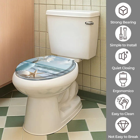 Resin Round Toilet Seat with Cover for Bathroom, 14-15 inch width, ocean-themed design, installed on a toilet.