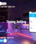 DAYBETTER 130ft RGB LED strip lights installed along living room baseboard with remote and smartphone app control