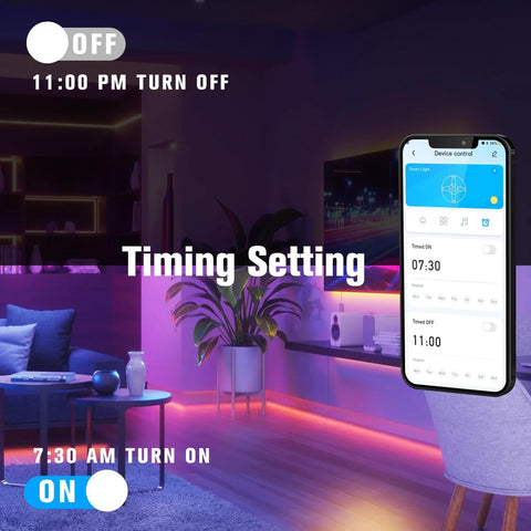 DAYBETTER 130ft RGB LED strip lights installed along living room baseboard with remote and smartphone app control