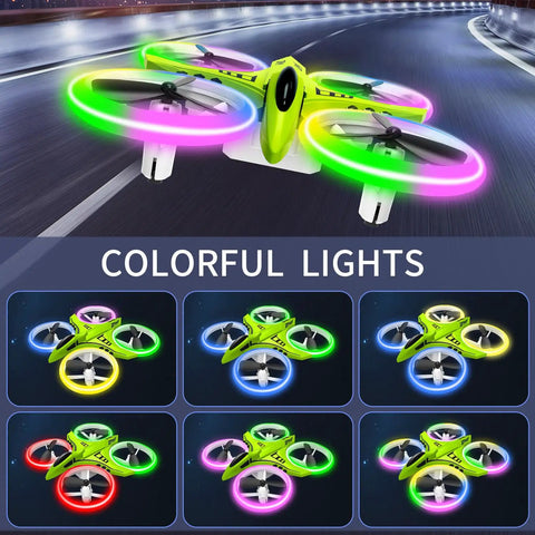 Crash Proof Mini Drone for Kids With LED Night Lights One Key Takeoff and Landing Flips RC Remote Control Easy for Beginners 3 Speed Modes Auto Hovering Nano Quadcopter Green shown with colorful LED lights