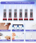 Six tubes of Clear Jewelry Glue 6 Pack 15ML B7000 Waterproof Adhesive with precision tips and application features.