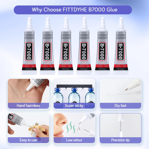 Six tubes of Clear Jewelry Glue 6 Pack 15ML B7000 Waterproof Adhesive with precision tips and application features.