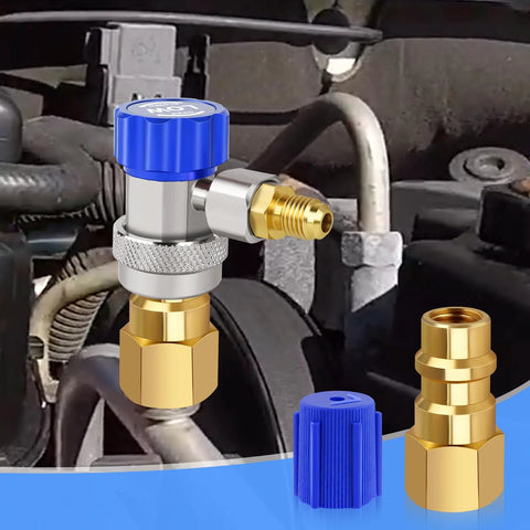 Front view of Boltigen piercing valve with blue knob and brass adapter fittings for HVAC refrigerant system