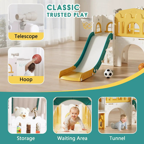 Outdoor Toddler Playset With Rock Climber And Slide, Basketball Hoop, Storage, Castle Playhouse, And 10 In 1 Upgrade for Backyard Fun