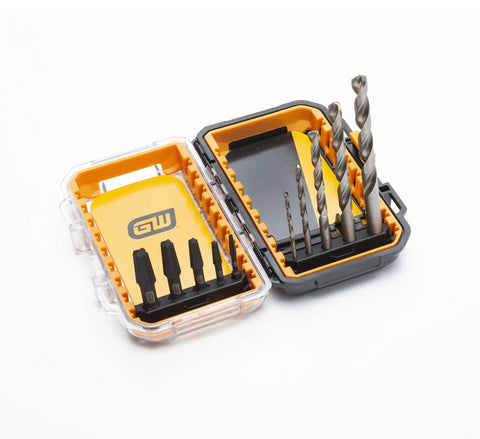 10 Piece Bolt Biter Screw Extractor Set For Stuck Fasteners displayed in a yellow case with various sized steel bits