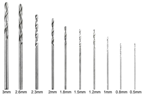 Pro Grade Precision Pin Vise Hand Drill Kit With Twist Bits For Miniature Models and Detail Work, showing various twist bits in sizes 0.5mm to 3mm.