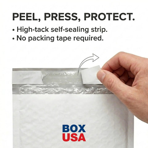 Close-up of sealing a Bubble Mailers 6 Point 5 By 10 Self Seal Padded Envelopes White 250 Pack with a peel-and-stick strip.