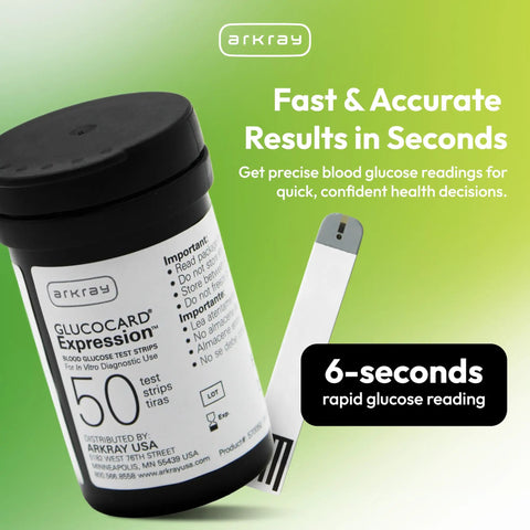 GlucoCard Expression Blood Glucose Test Strips No Coding, Tiny 0.8 Microliter Sample, 50 count pack with rapid readings