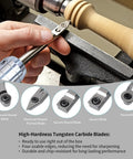 Carbide wood lathe tools with aluminum handles; five blade types shown.