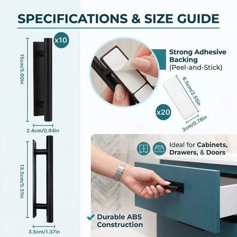 10 Piece Self Stick Cabinet Handles, Peel And Stick Push Pull Helpers, Adhesive Drawer Pulls For Kitchen Cabinets dimensions and specifications