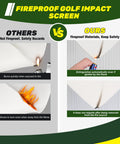 Comparison of fireproof golf impact screen materials, highlighting fire resistance versus burning in non-fireproof screens.