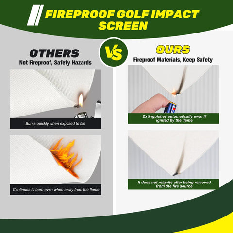 Comparison of fireproof golf impact screen materials, highlighting fire resistance versus burning in non-fireproof screens.
