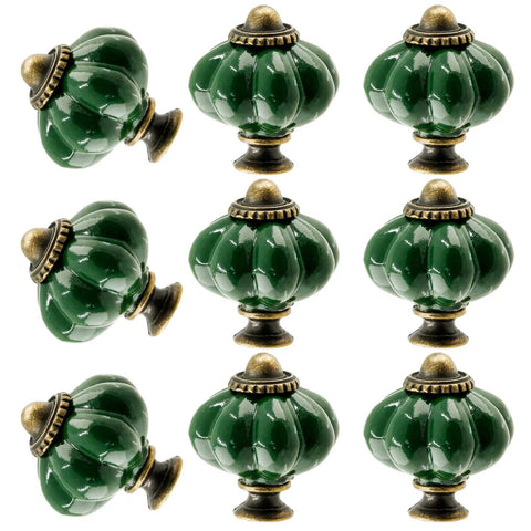 8-Piece Ceramic Pumpkin Cabinet Knobs In Dark Green With Dope Vintage Vibe For Vanity, Closet And Cupboard, Pumpkin Shaped Knobs