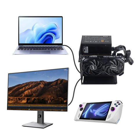 Next Level External Egpu Dock With Thunderbolt 3 And 4 Plus USB4 Support And 85W PD Charging, connected to a laptop, monitor, and gaming device.
