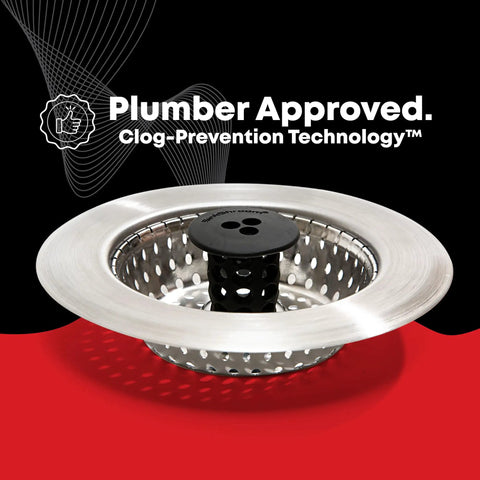 Clog Free Stainless Steel Sink Strainer With Raised Center Cylinder For Maximum Water Flow And Easy Food Particle Catching Black Finish Kitchen Drain Protector Durable 1 Pack against a red background with plumber approval label.