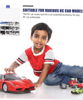 Child playing with RC cars with RC Car Screw Tool Kit With Compact Case Includes Nuts Bolts And Tools For Various Models Essential Maintenance Set With Durable Iron Fasteners And Metric Screw Assortment For DIY Repairs in the background.