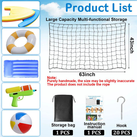 Image of Big Pool Float Storage Net With 20 Hooks And Storage Bag, hanging mesh organizer dimensions and components outlined