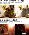 Comparison of WDR effects on sunflower vase, showcasing enhanced dynamic range, and AE-L exposure lock on silhouette portrait with sunset.